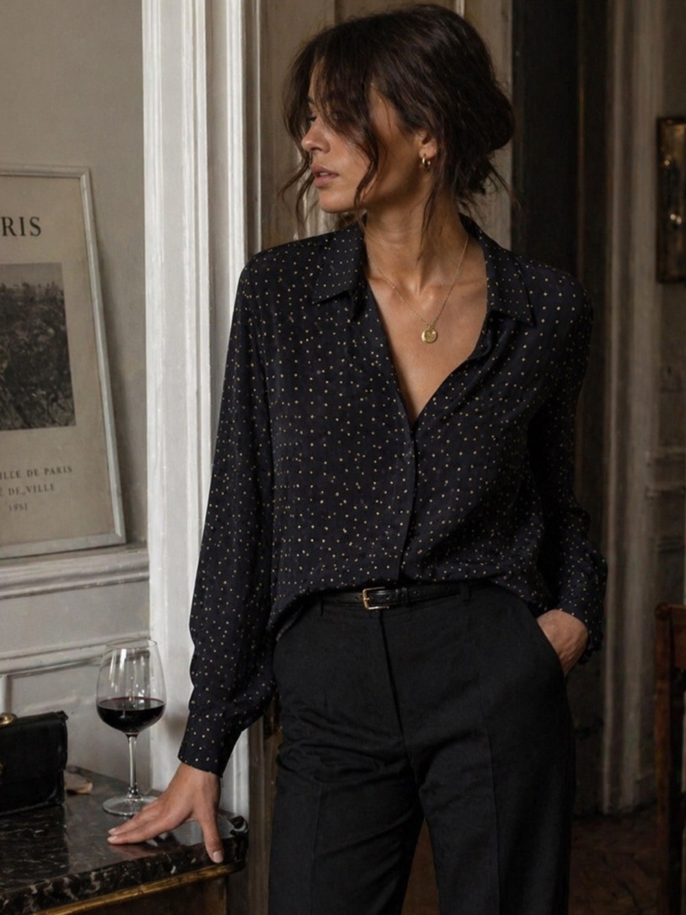 Vintage Silk Micro Dot Blouse | Black & Gold | Size 8 | JNY